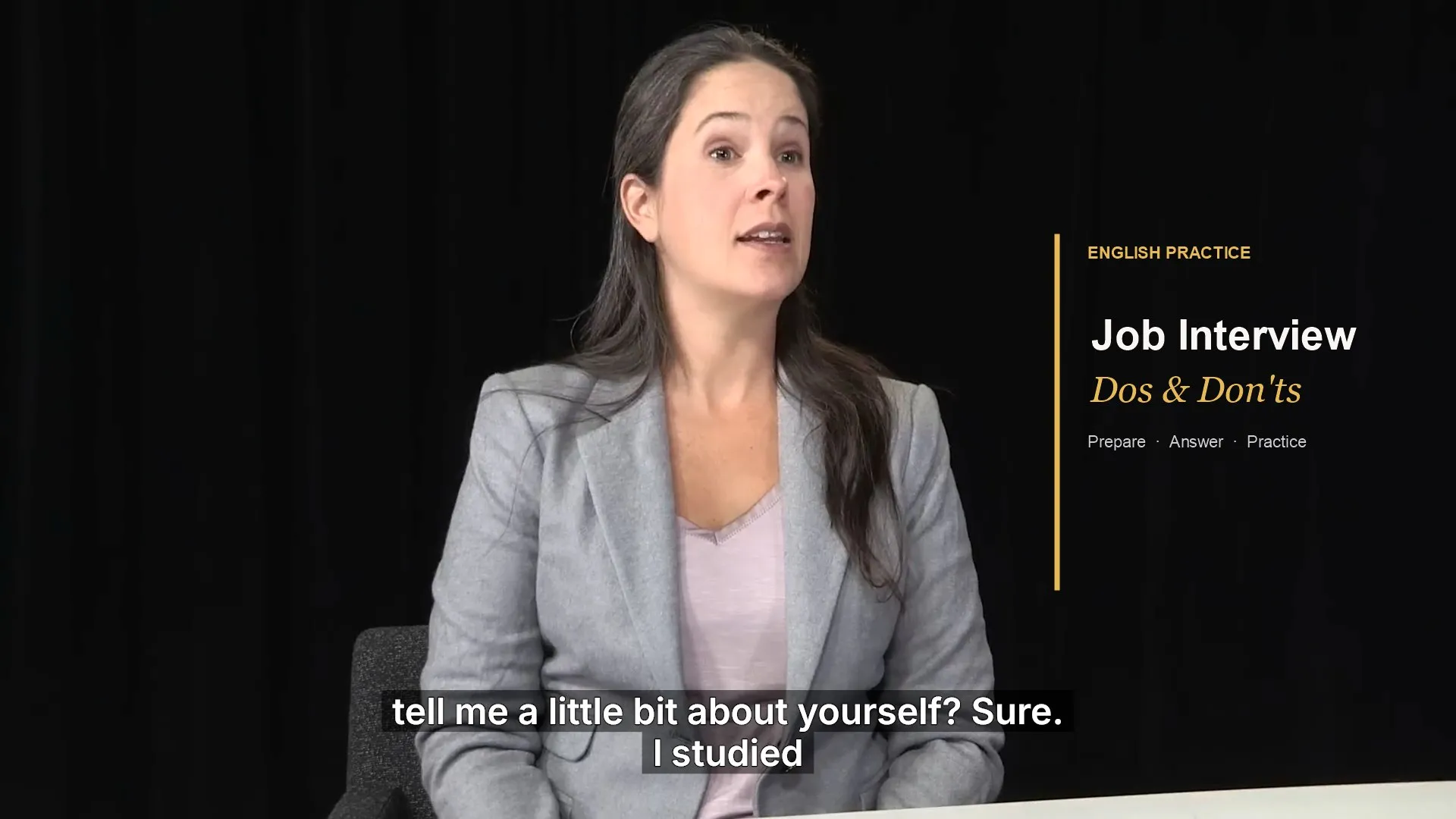 English job interview lesson with the instructor and a gold title reading Job Interview Dos and Don'ts.