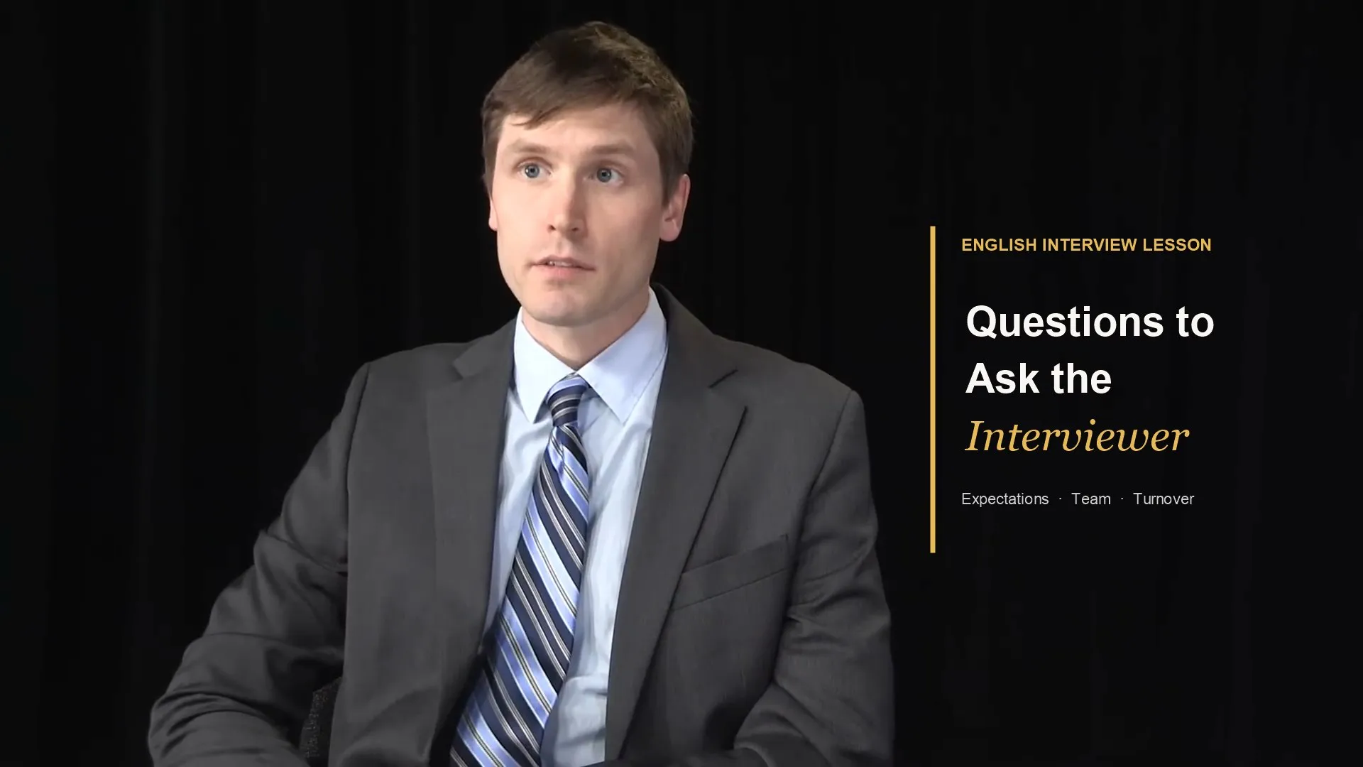 English job interview lesson with the interviewer on the left and a gold title about questions to ask on the right.